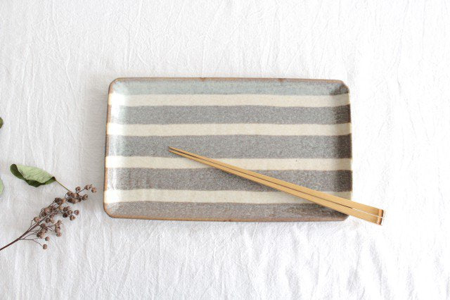 Rectangle Plate Gray Stripes | Sushi Plate Mino Ware-TOP