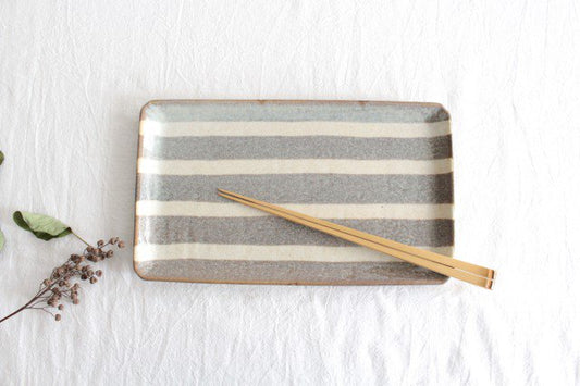 Rectangle Plate Gray Stripes | Sushi Plate Mino Ware-TOP