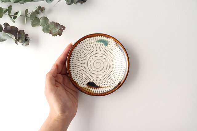Small Round Plate Tobikanna Brown and Green 12cm/4.7in | Koishiwara Ware