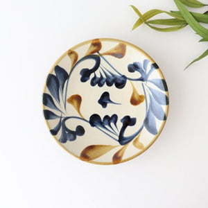 Toshin Kiln Round Plate Blue&Brown Arabesque 15cm/5.9in | Tsuboya Ware Yachimun-TOP