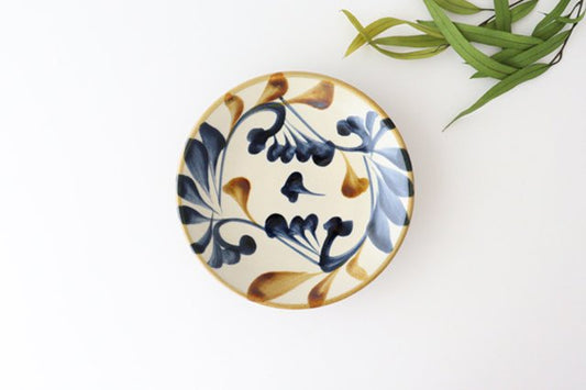 Toshin Kiln Round Plate Blue&Brown Arabesque 15cm/5.9in | Tsuboya Ware Yachimun-TOP