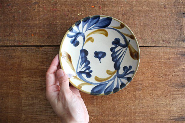 Toshin Kiln Round Plate Blue&Brown Arabesque 15cm/5.9in | Tsuboya Ware Yachimun-Detail5