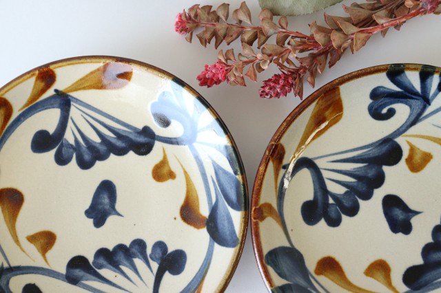 Toshin Kiln Round Plate Blue&Brown Arabesque 15cm/5.9in | Tsuboya Ware Yachimun-Detail8