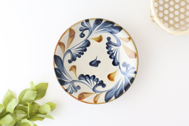 Toshin Kiln Round Plate Blue&Brown Arabesque 21cm/8.3in | Tsuboya Ware  Yachimun-TOP