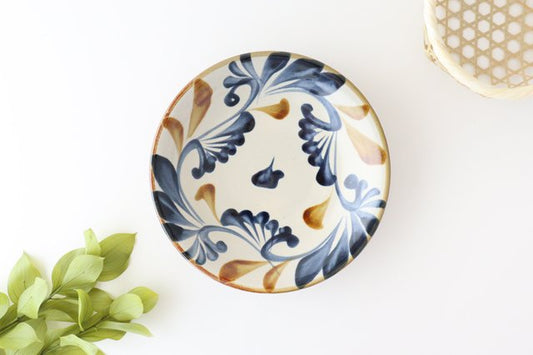 Toshin Kiln Round Plate Blue&Brown Arabesque 21cm/8.3in | Tsuboya Ware  Yachimun-TOP