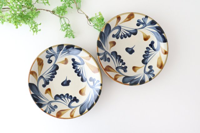 Toshin Kiln Round Plate Blue&Brown Arabesque 21cm/8.3in | Tsuboya Ware  Yachimun-Detail8