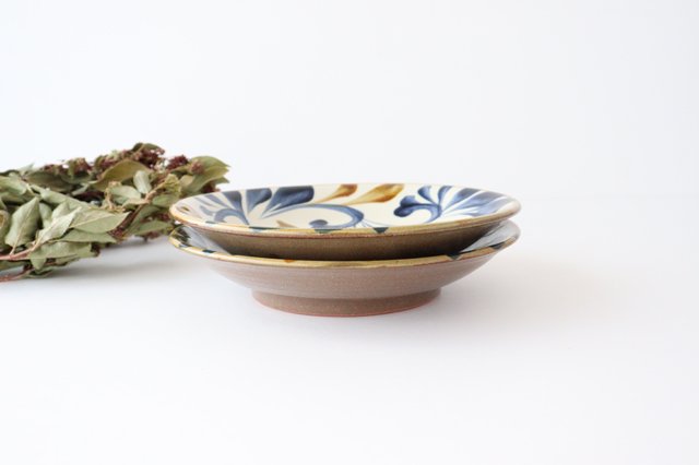 Toshin Kiln Round Plate Blue&Brown Arabesque 21cm/8.3in | Tsuboya Ware  Yachimun-Detail10