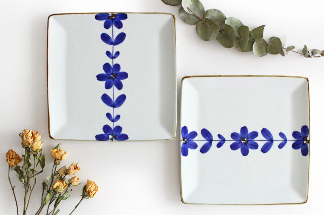Square Plate Hand  Blue Flower 21cm/8.3in  | Sushi Plate Hasami Ware-Detail5