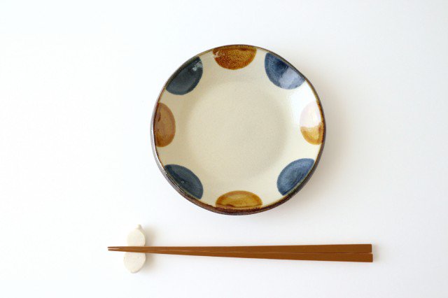 Toshin Kiln Round Plate Brown and Blue Dots 15cm/5.9in | Tsuboya Ware Yachimun-Detail6