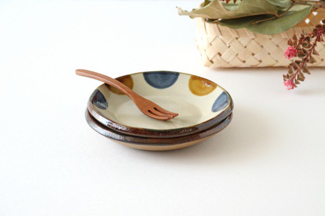 Toshin Kiln Round Plate Brown and Blue Dots 15cm/5.9in | Tsuboya Ware Yachimun-Detail10