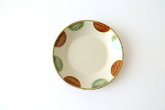 Toshin Kiln Round Plate Brown and Green Dots 15cm/5.9in | Tsuboya Ware Yachimun-TOP