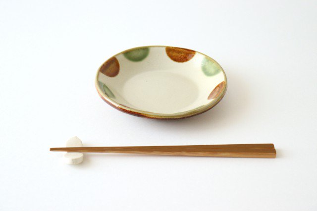 Toshin Kiln Round Plate Brown and Green Dots 15cm/5.9in | Tsuboya Ware Yachimun-Detail3