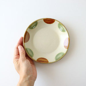 Toshin Kiln Round Plate Brown and Green Dots 15cm/5.9in | Tsuboya Ware Yachimun-Detail5