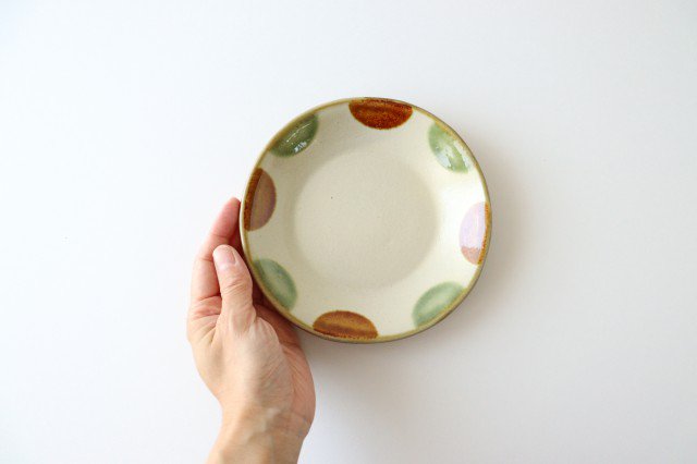 Toshin Kiln Round Plate Brown and Green Dots 15cm/5.9in | Tsuboya Ware Yachimun-Detail5