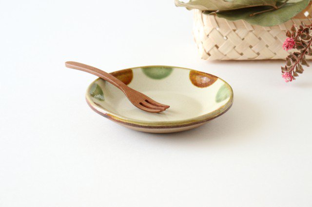 Toshin Kiln Round Plate Brown and Green Dots 15cm/5.9in | Tsuboya Ware Yachimun-Detail7