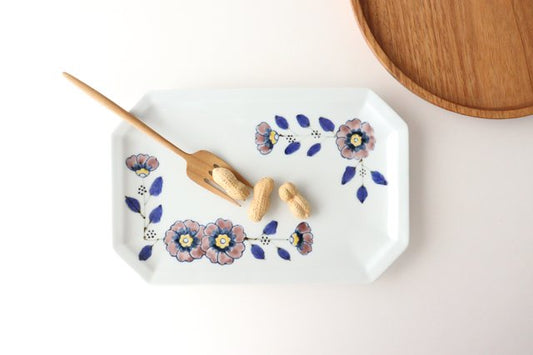 Octagonal long plate, flower crest, porcelain, Arita ware-TOP