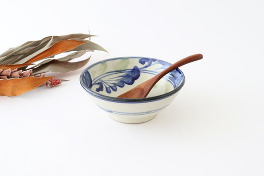 Toshin Kiln Round Bowl Blue and Green Arabesque 15cm/5.9in | Tsuboya Ware Yachimun-TOP