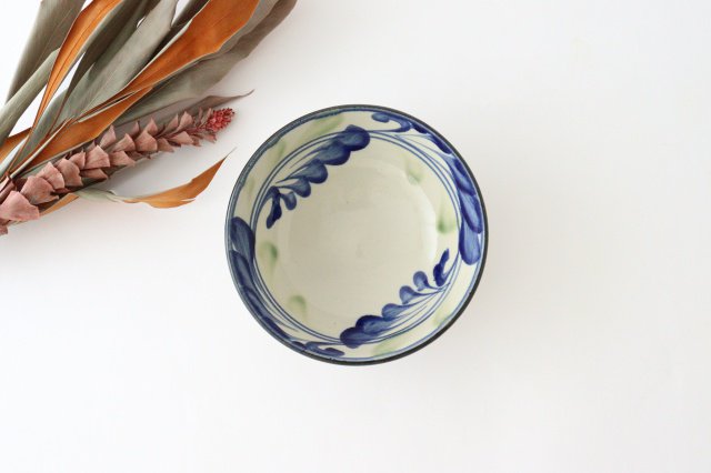 Toshin Kiln Round Bowl Blue and Green Arabesque 15cm/5.9in | Tsuboya Ware Yachimun-Detail2