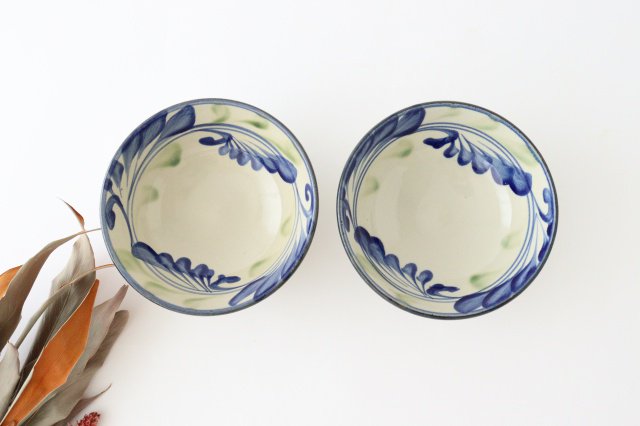 Toshin Kiln Round Bowl Blue and Green Arabesque 15cm/5.9in | Tsuboya Ware Yachimun-Detail7