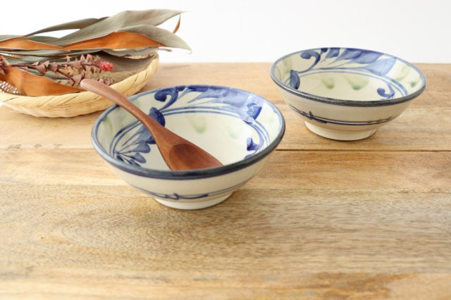 Toshin Kiln Round Bowl Blue and Green Arabesque 15cm/5.9in | Tsuboya Ware Yachimun-Detail9