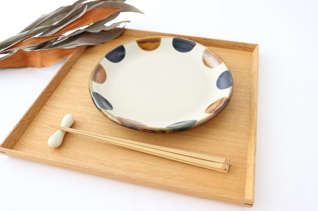 Toshin Kiln Round Plate Brown and Blue Dots 21cm/8.3in | Tsuboya Ware Yachimun