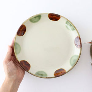 Toshin Kiln Round Plate Brown and Green Dots 21cm/8.3in | Tsuboya Ware  Yachimun-Detail3