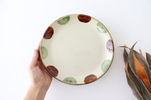 Toshin Kiln Round Plate Brown and Green Dots 21cm/8.3in | Tsuboya Ware  Yachimun-Detail3