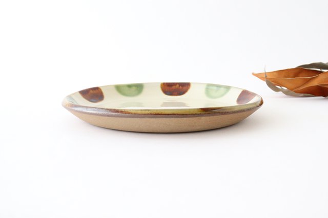 Toshin Kiln Round Plate Brown and Green Dots 21cm/8.3in | Tsuboya Ware  Yachimun-Detail4