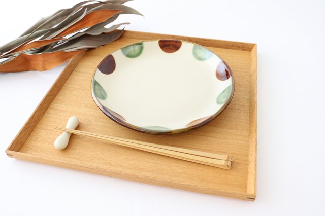 Toshin Kiln Round Plate Brown and Green Dots 21cm/8.3in | Tsuboya Ware  Yachimun-Detail5