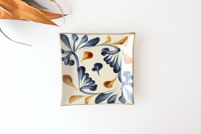Toshin Kiln Square Plate Arabesque Blue&Brown | Sushi Plae Tsuboya Ware Yachimun-TOP