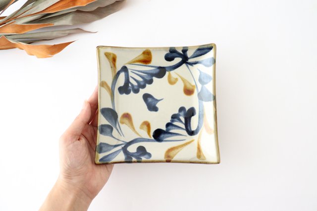 Toshin Kiln Square Plate Arabesque Blue&Brown | Sushi Plae Tsuboya Ware Yachimun-Detail2