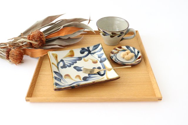 Toshin Kiln Square Plate Arabesque Blue&Brown | Sushi Plae Tsuboya Ware Yachimun-Detail11