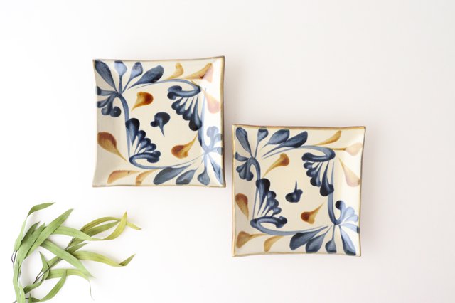 Toshin Kiln Square Plate Arabesque Blue&Brown | Sushi Plae Tsuboya Ware Yachimun-Detail6