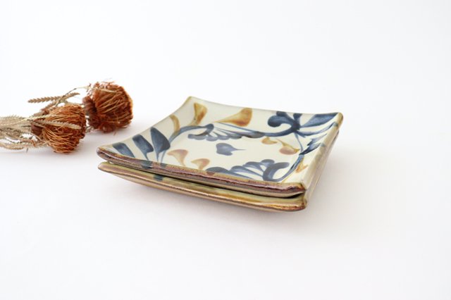 Toshin Kiln Square Plate Arabesque Blue&Brown | Sushi Plae Tsuboya Ware Yachimun-Detail10