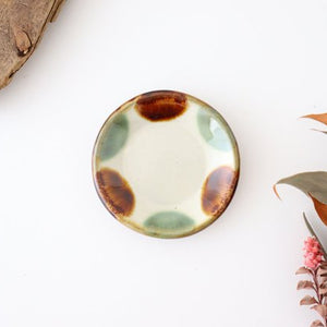 Toshin Kiln Small Round Plate Brown and Green Dots 9cm/3.5in | Tsuboya Ware Yachimun-TOP