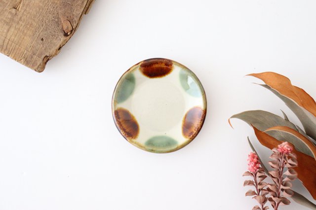 Toshin Kiln Small Round Plate Brown and Green Dots 9cm/3.5in | Tsuboya Ware Yachimun-TOP