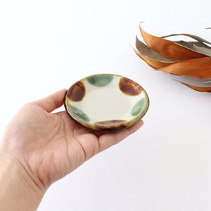 Toshin Kiln Small Round Plate Brown and Green Dots 9cm/3.5in | Tsuboya Ware Yachimun-Detail2