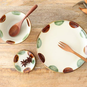 Toshin Kiln Small Round Plate Brown and Green Dots 9cm/3.5in | Tsuboya Ware Yachimun-Detail11