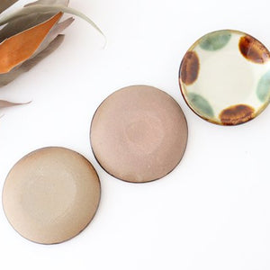 Toshin Kiln Small Round Plate Brown and Green Dots 9cm/3.5in | Tsuboya Ware Yachimun-Detail3