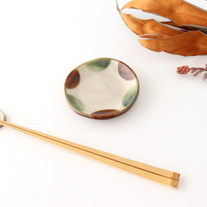 Toshin Kiln Small Round Plate Brown and Green Dots 9cm/3.5in | Tsuboya Ware Yachimun-Detail4