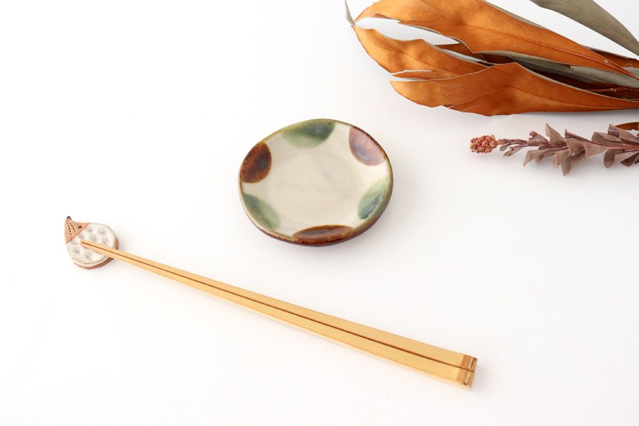 Toshin Kiln Small Round Plate Brown and Green Dots 9cm/3.5in | Tsuboya Ware Yachimun-Detail4