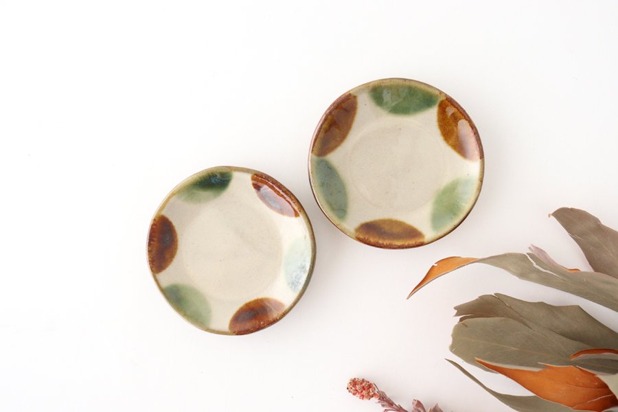 Toshin Kiln Small Round Plate Brown and Green Dots 9cm/3.5in | Tsuboya Ware Yachimun-Detail6