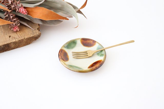Toshin Kiln Small Round Plate Brown and Green Dots 9cm/3.5in | Tsuboya Ware Yachimun-Detail7