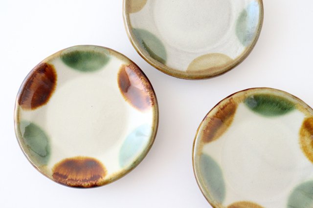 Toshin Kiln Small Round Plate Brown and Green Dots 9cm/3.5in | Tsuboya Ware Yachimun-Detail8