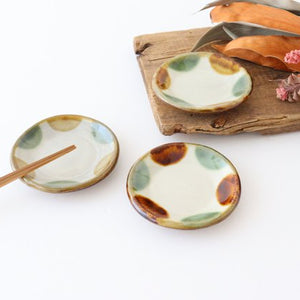 Toshin Kiln Small Round Plate Brown and Green Dots 9cm/3.5in | Tsuboya Ware Yachimun-Detail9