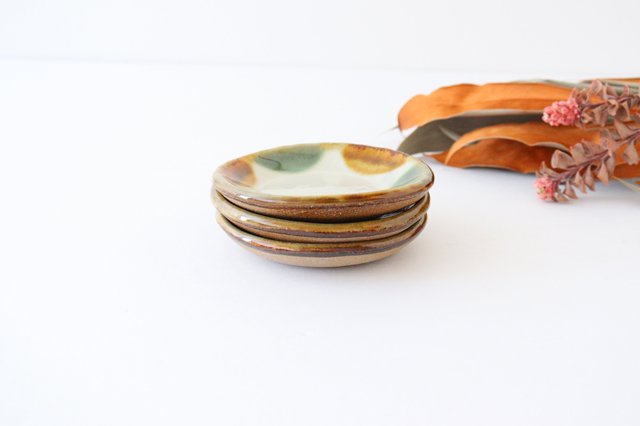 Toshin Kiln Small Round Plate Brown and Green Dots 9cm/3.5in | Tsuboya Ware Yachimun-Detail10
