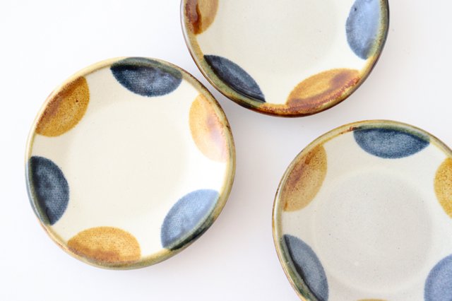 Toshin Kiln Small Round Plate Brown and Blue Dots 9cm/3.5in | Tsuboya Ware Yachimun-Detail8