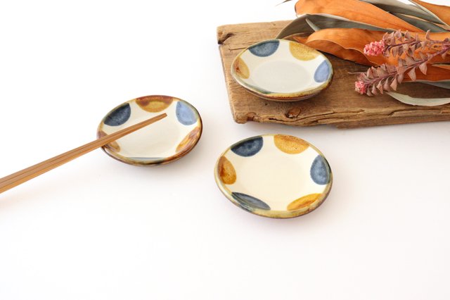 Toshin Kiln Small Round Plate Brown and Blue Dots 9cm/3.5in | Tsuboya Ware Yachimun-Detail9