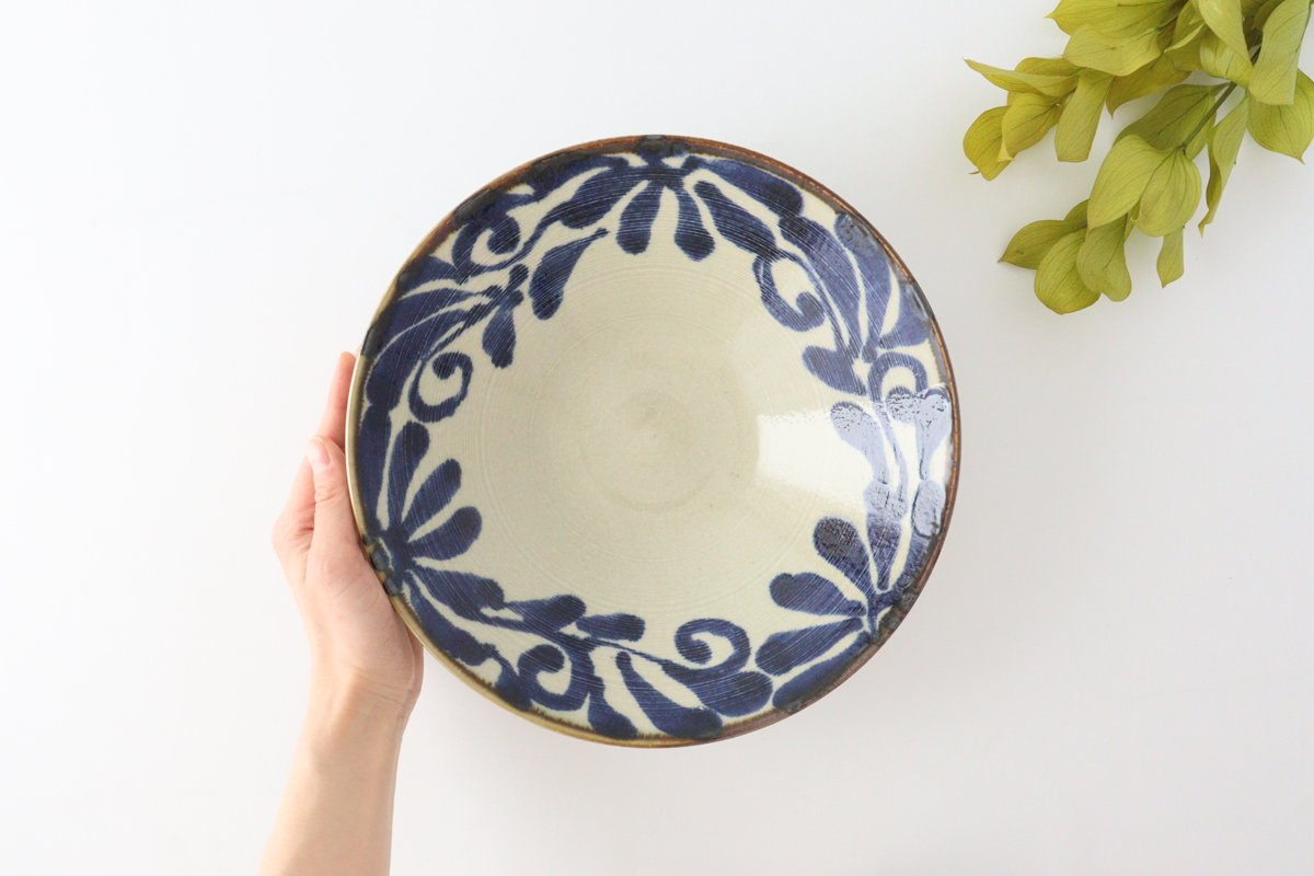 Shallow Large Bowl Blue Arabesque | Serving Bowl Mino Ware