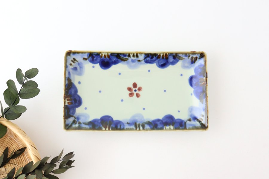 Rectangle Plate Blue FlowerーRim | Sushi Plate Hasami Ware-TOP